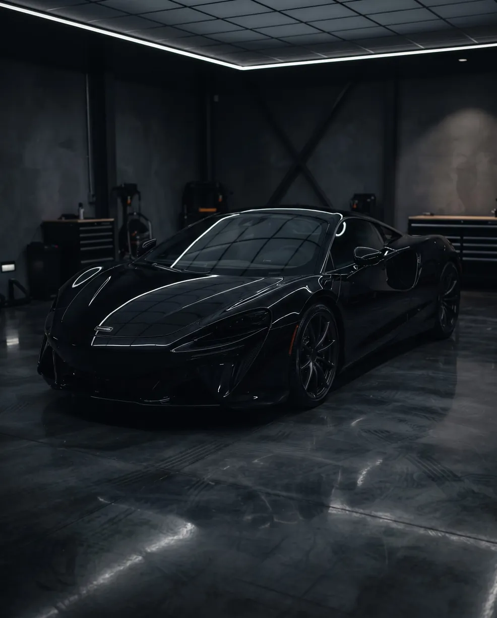 Freshly ceramic-coated car in dark garage lighting