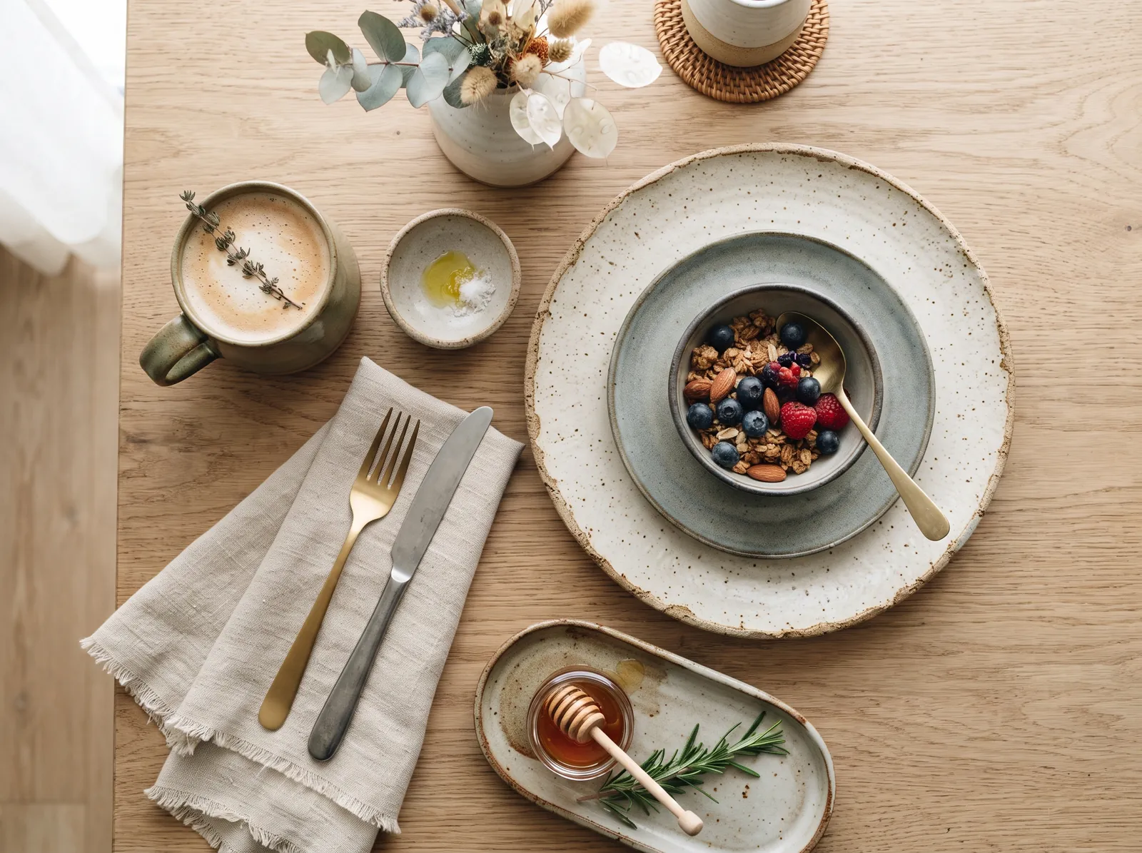Ceramics and tableware styled flat lay