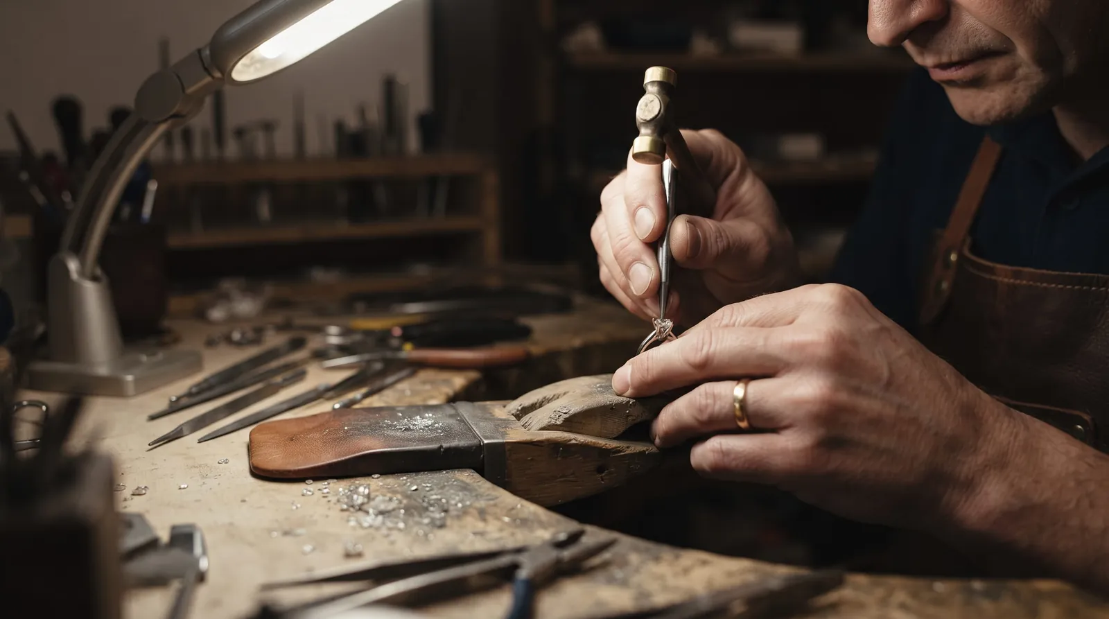 Jeweller's hands at a workbench setting a stone
