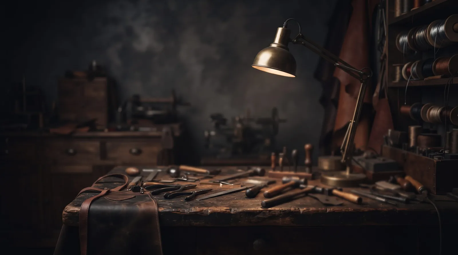 Atelier interior, warm low light