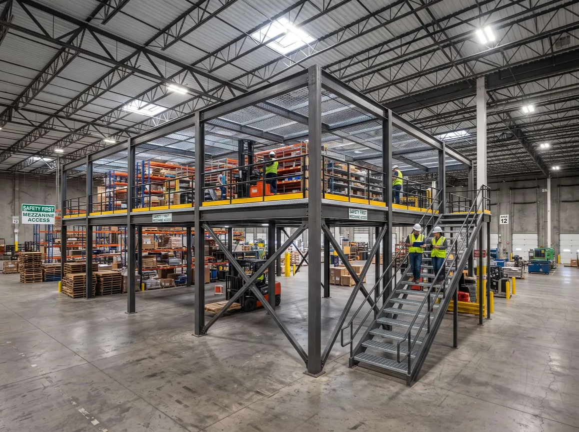 Completed structural steel mezzanine in a warehouse