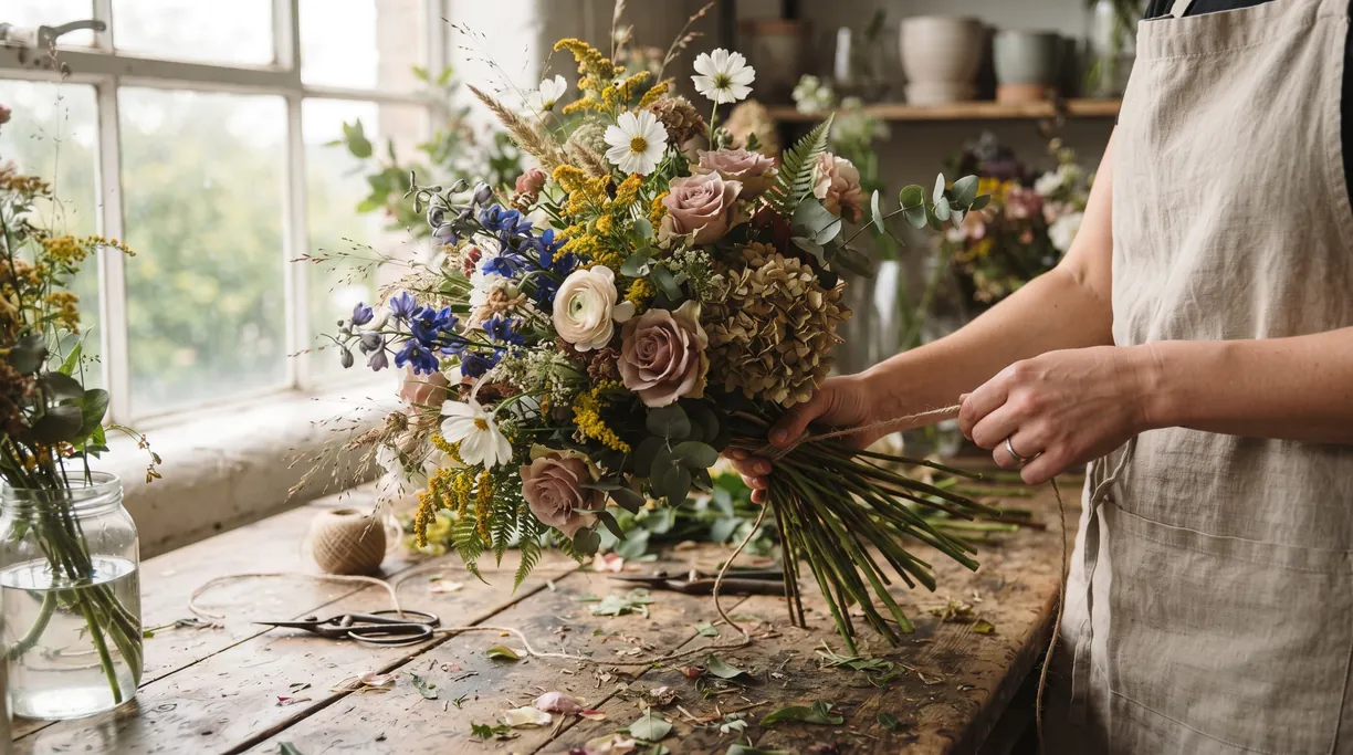 Hands tying a loose seasonal bouquet