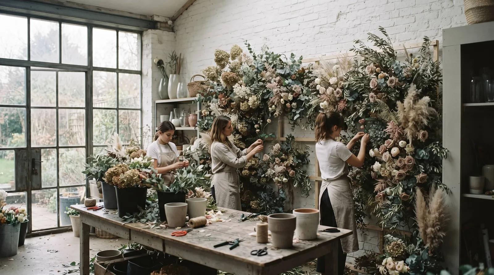Studio flower wall, loose seasonal arrangement